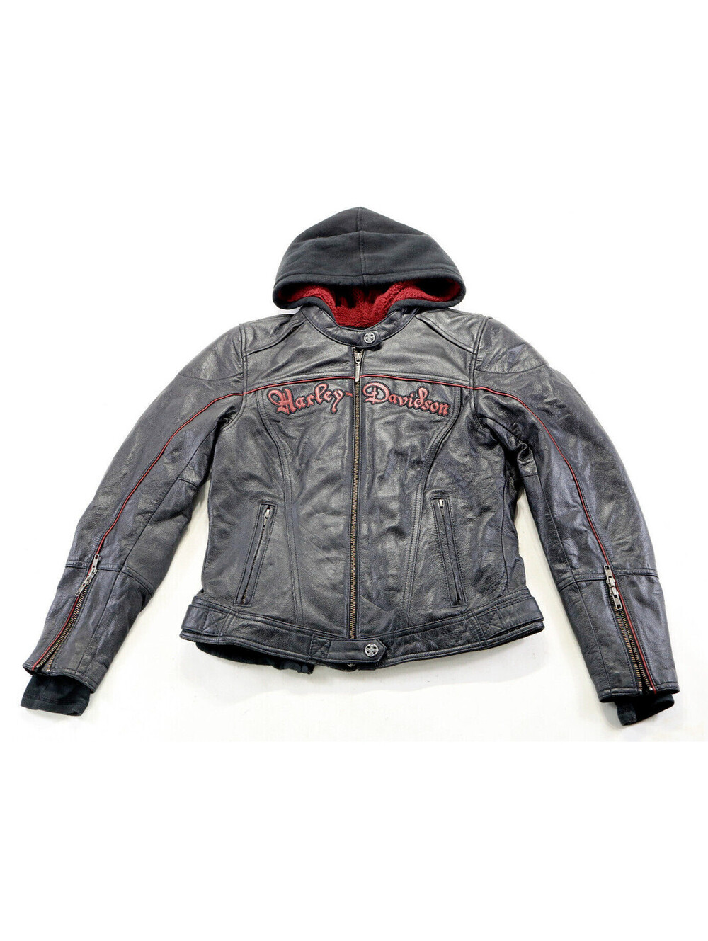 harley davidson 3-n-1 jacket S black red leather liner hoodie soft vents zip bar